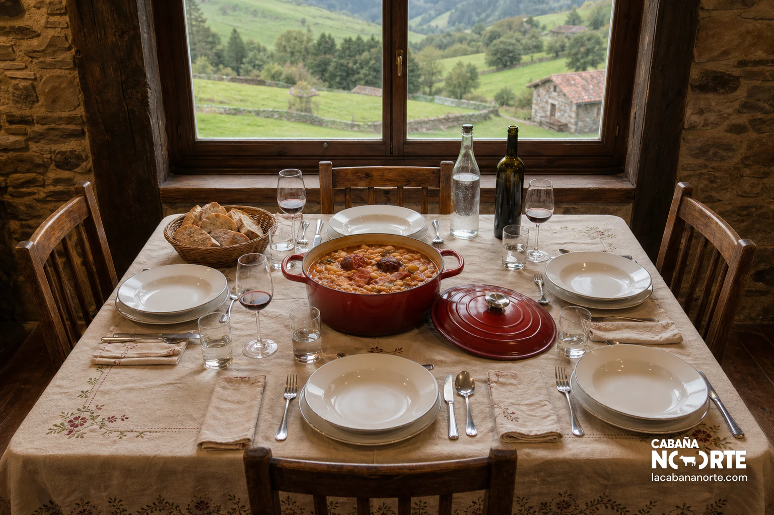 Cazuela de cocido montañés con pan y vino en una mesa rústica con vistas a los Valles Pasiegos