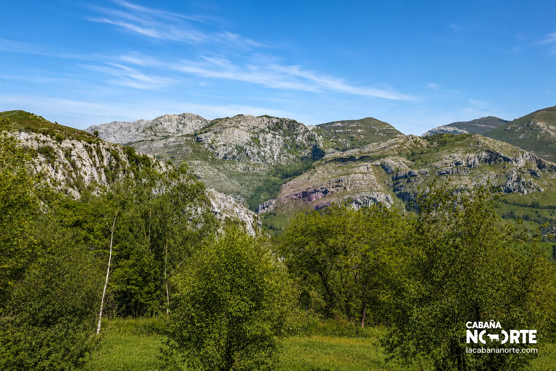 Vista panorámica de un valle pasiego en Rubalcaba (Cantabria) con prados verdes y montañas al fondo