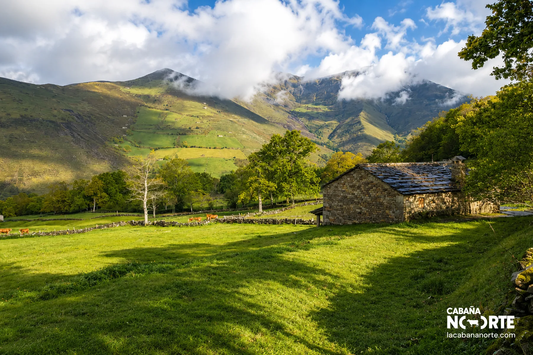 Cabaña pasiega tradicional en Bustaleguín (San Pedro de Romeral), Cantabria, rodeada de praderas verdes en los Valles Pasiegos