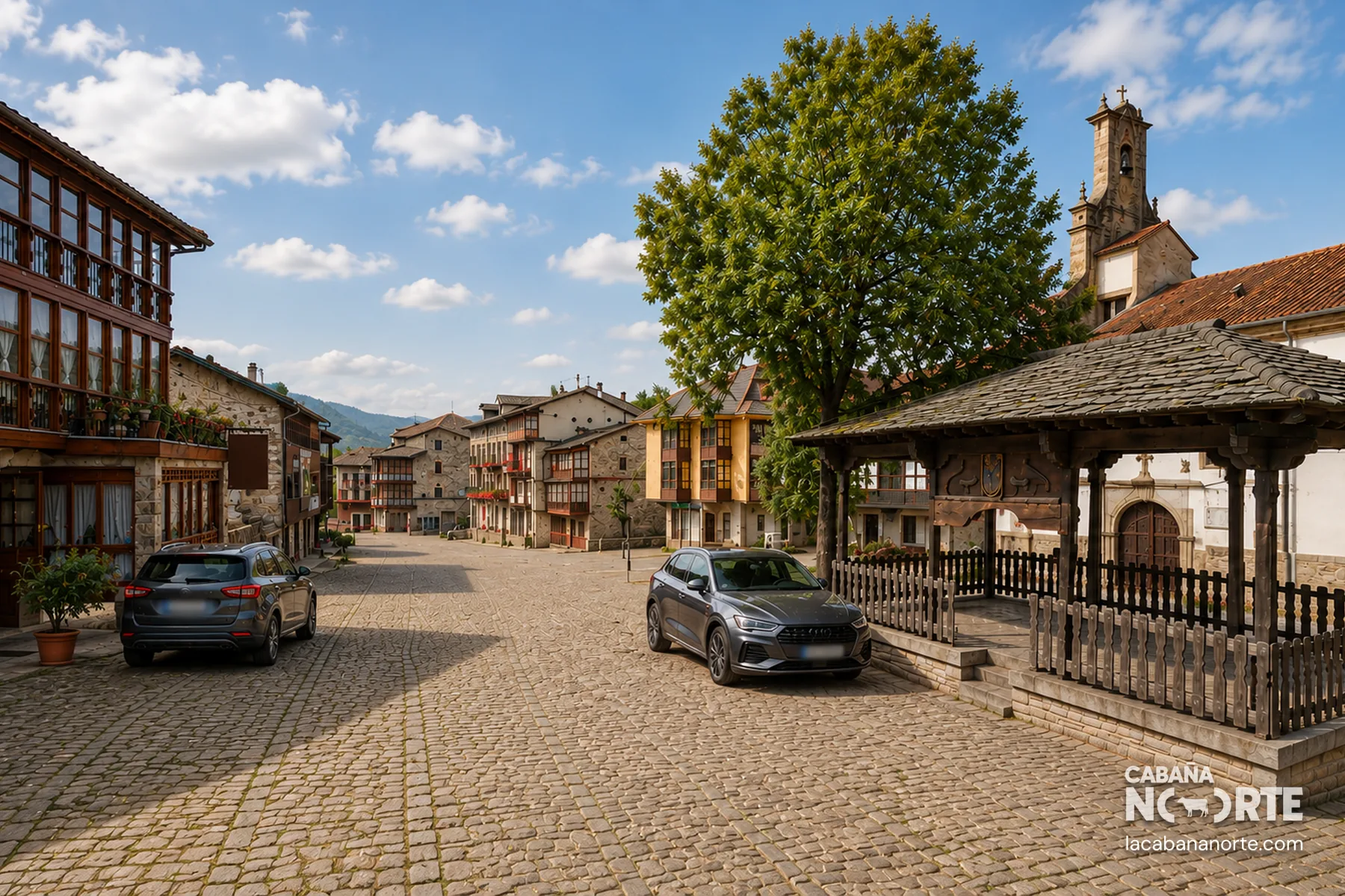 Plaza de Vega de Pas con casonas tradicionales y templete, un pueblo tranquilo para visitar con niños en los Valles Pasiegos.