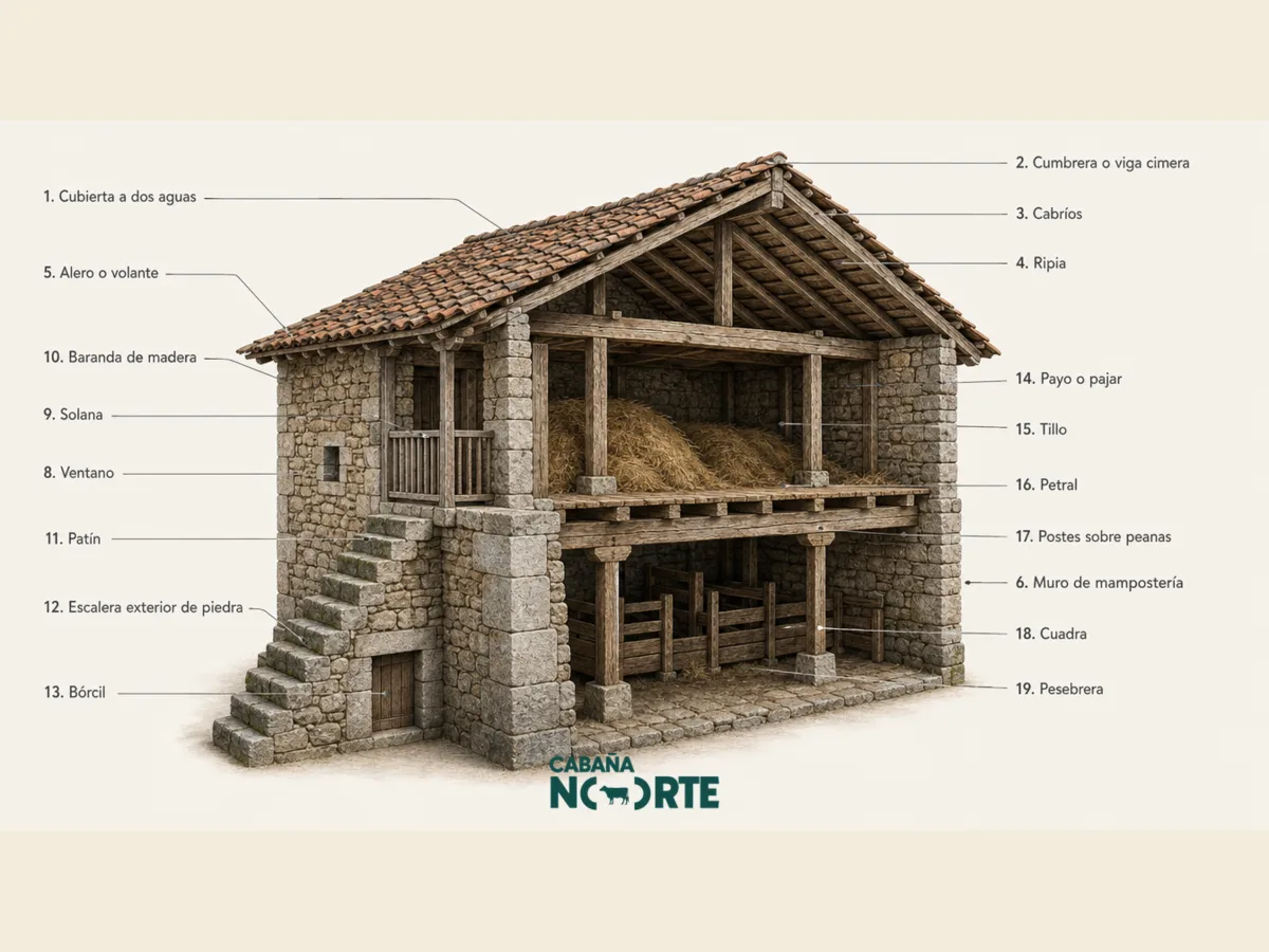 Anatomía de una cabaña pasiega con sus partes señaladas: cubierta a dos aguas, solana, payo, cuadra y escalera exterior de piedra