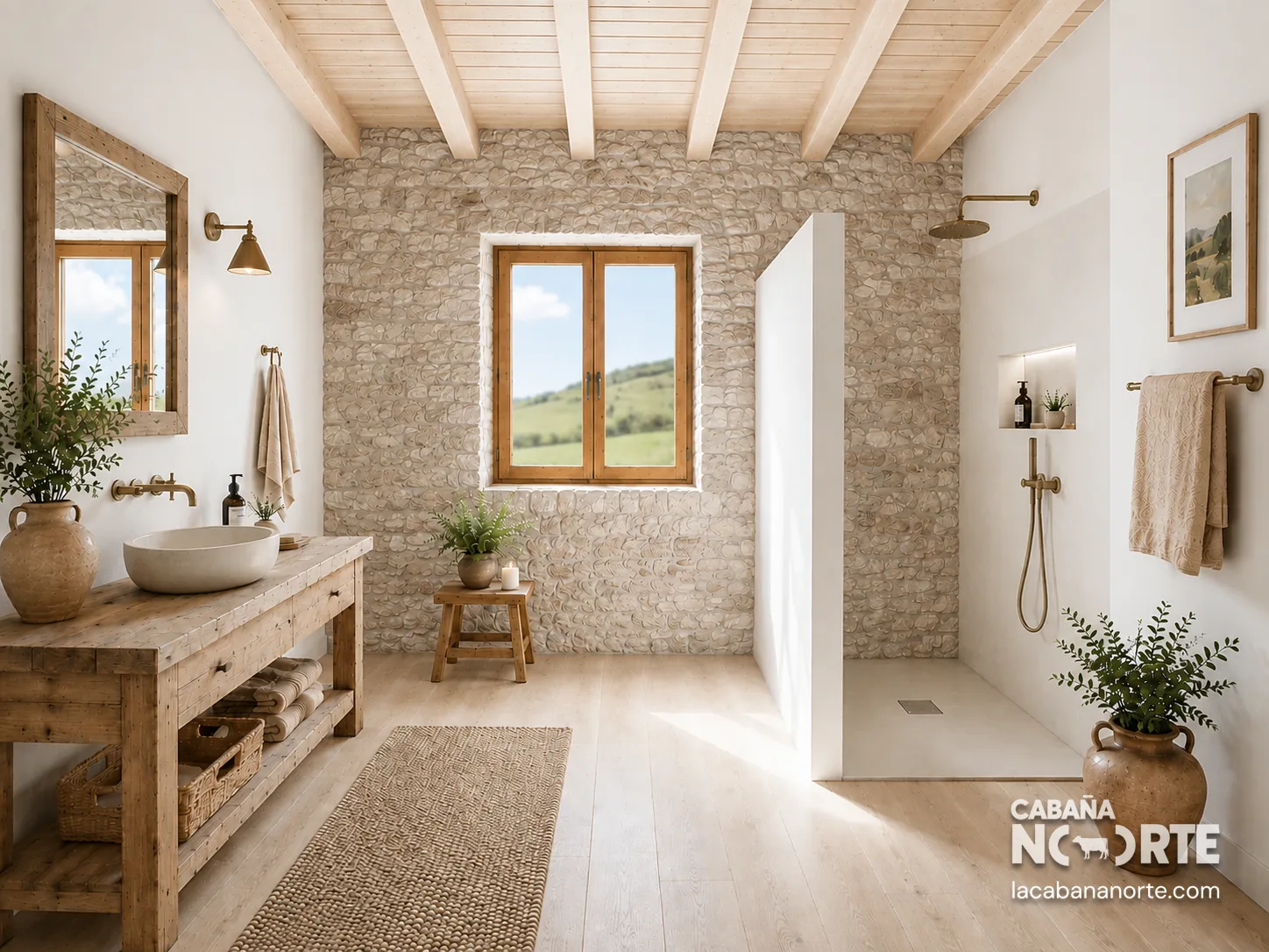 Baño rústico de Cabaña Norte con piedra clara, madera natural, ducha abierta, lavabo y luz natural.