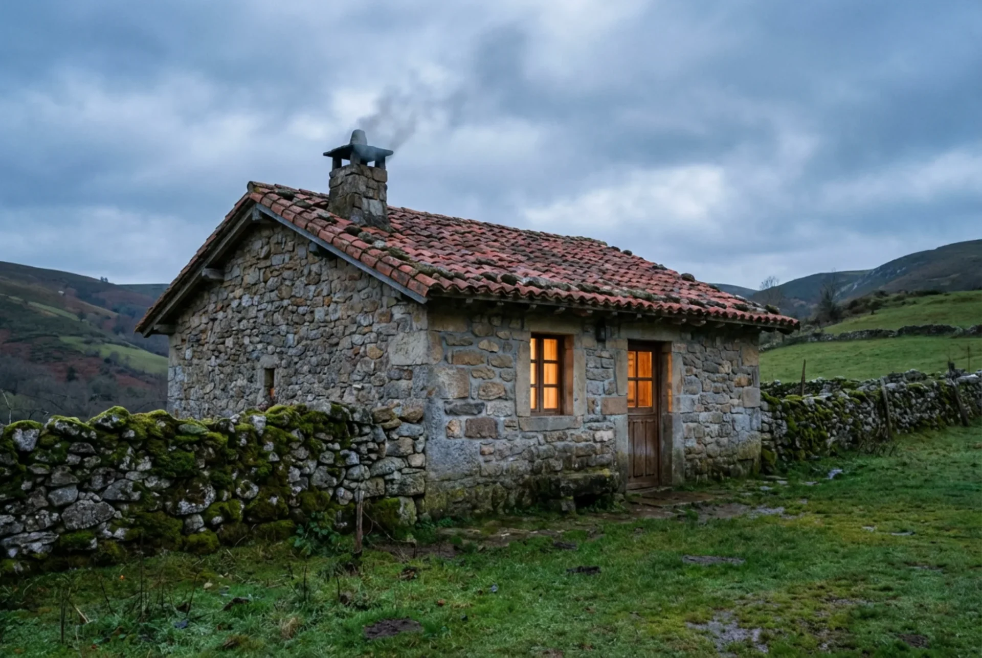 Cabaña pasiega tradicional en Cantabria al atardecer, construida en piedra, con luz cálida interior y paisaje rural montañoso