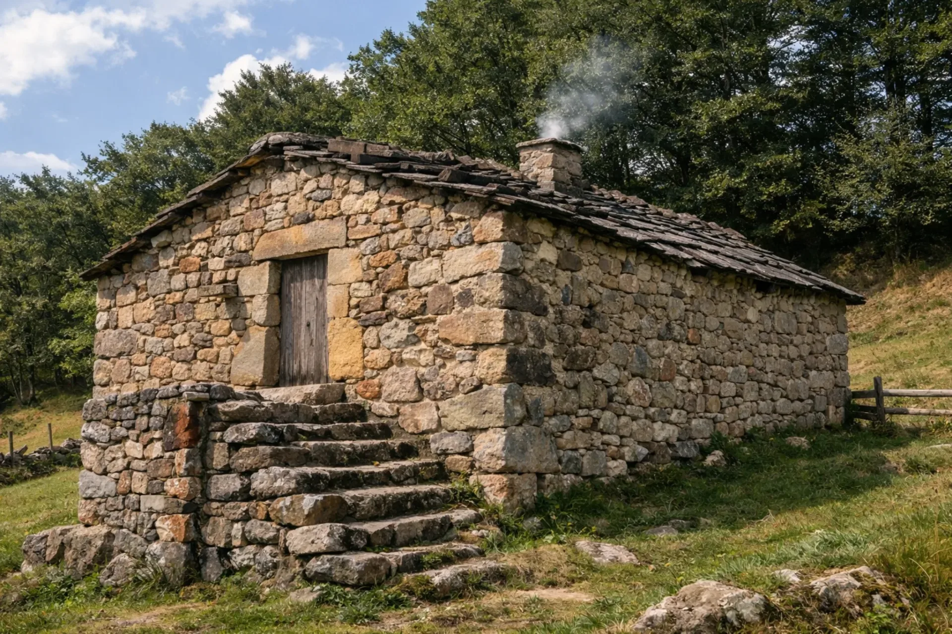 Cabaña pasiega tradicional de piedra en Cantabria, arquitectura rural típica de los Valles Pasiegos en entorno natural