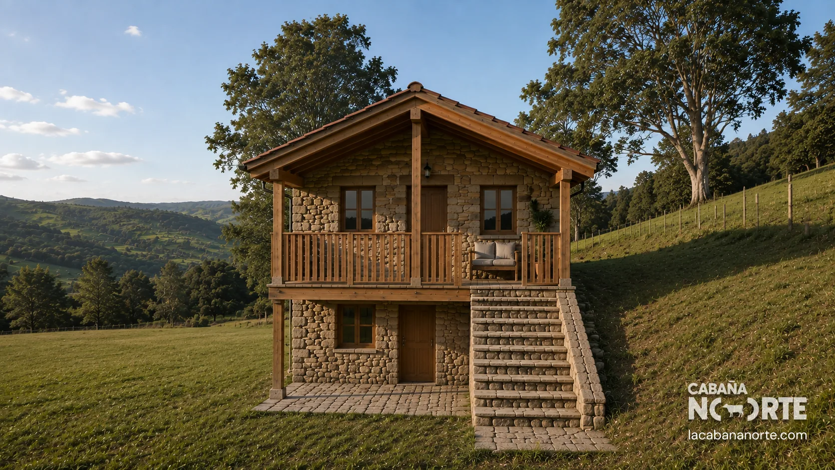 Fachada frontal de una cabaña de piedra y madera con porche, escaleras exteriores y praderas de montaña.