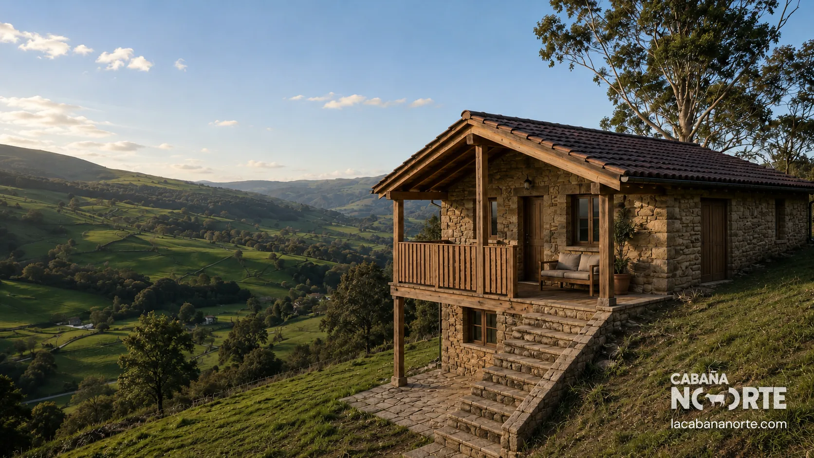 Cabaña de piedra y madera en una ladera verde, con porche elevado y amplias vistas al valle y las montañas.