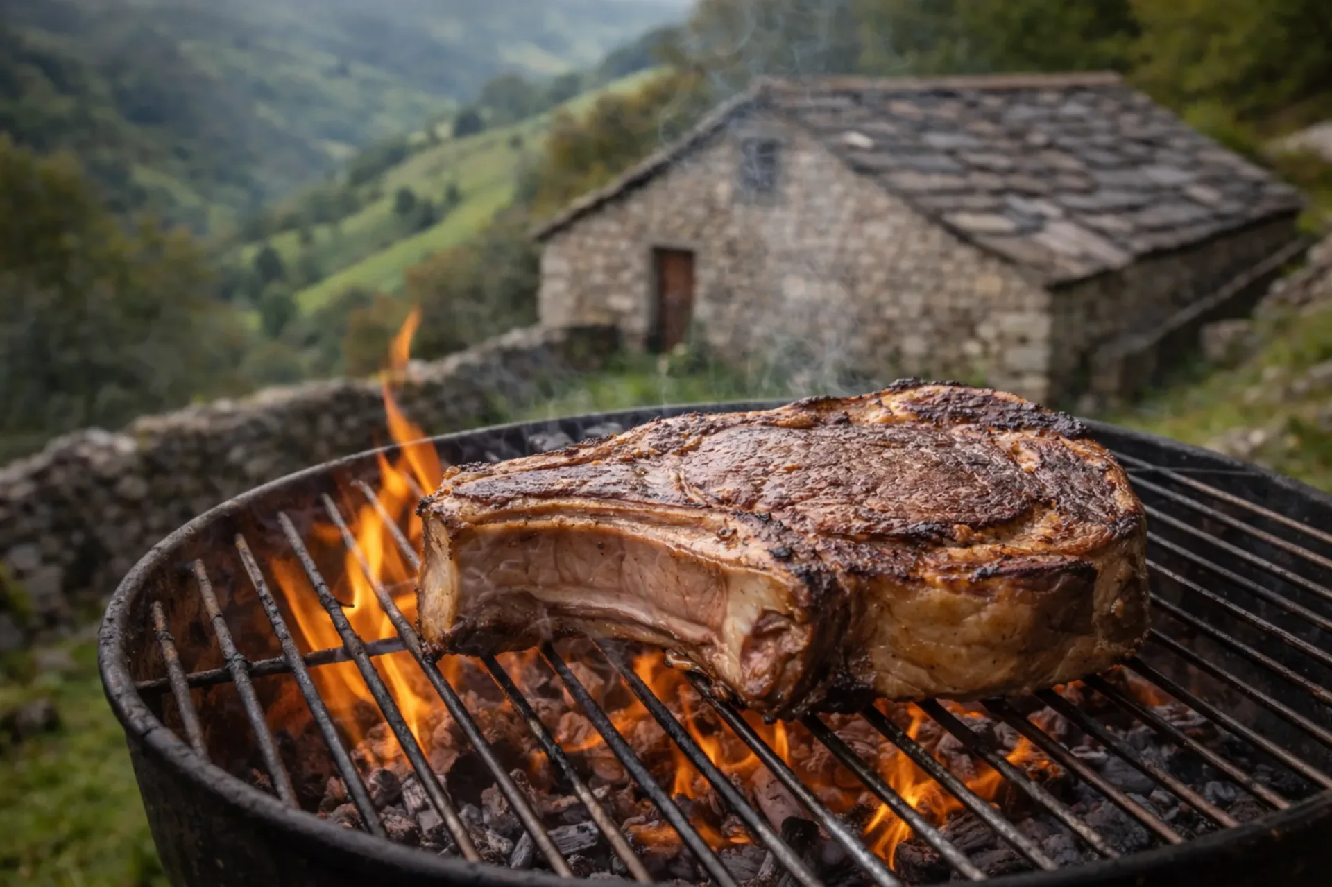 Chuletón de carne pasiega a la brasa cocinado al aire libre en una cabaña pasiega de Cantabria