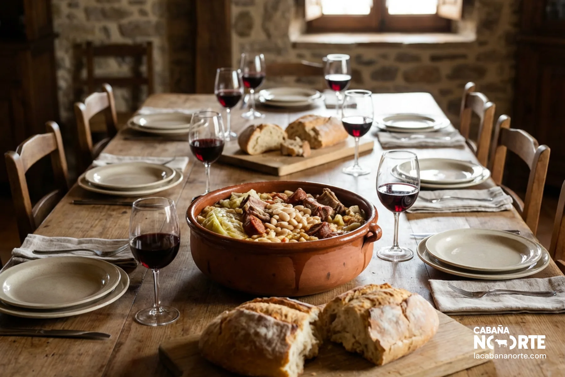 Cazuela de cocido montañés con pan y vino en una mesa de ambiente rural