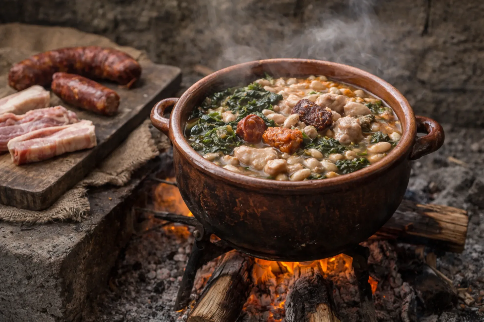 Cocido montañés tradicional cocinado al fuego de leña, plato típico de la gastronomía de Cantabria