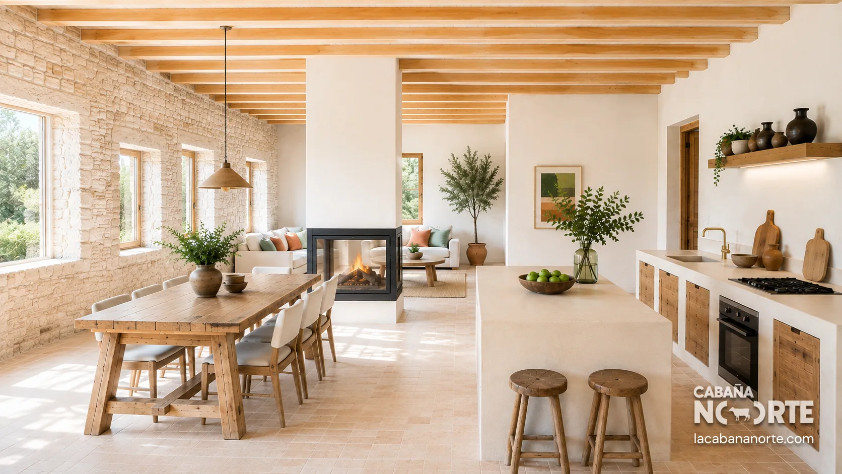 Cocina y comedor abiertos con piedra clara, madera natural, isla central, chimenea y grandes ventanales.