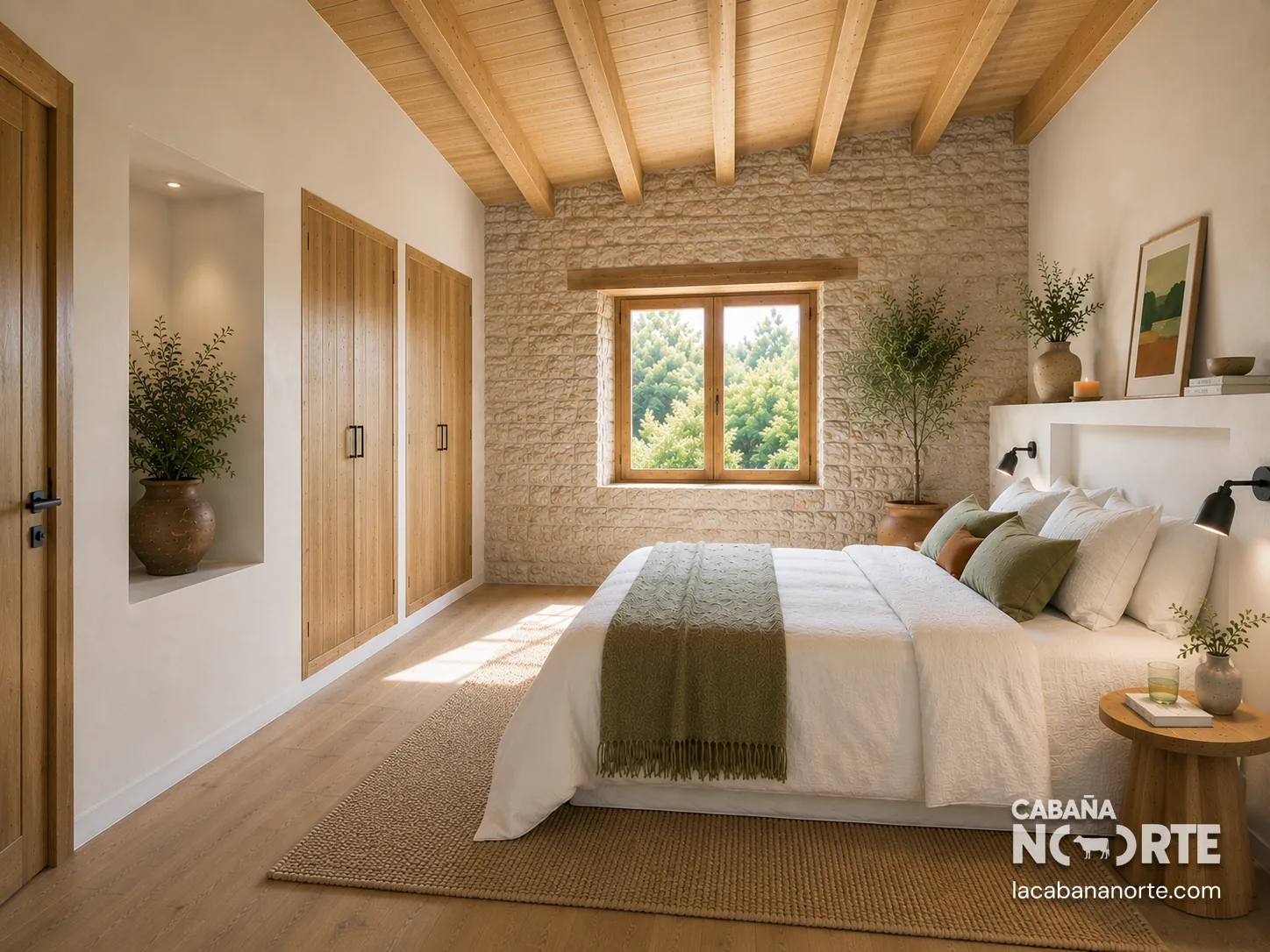 Dormitorio luminoso de Cabaña Norte con cama doble, pared de piedra, techo de madera y ventana al bosque.