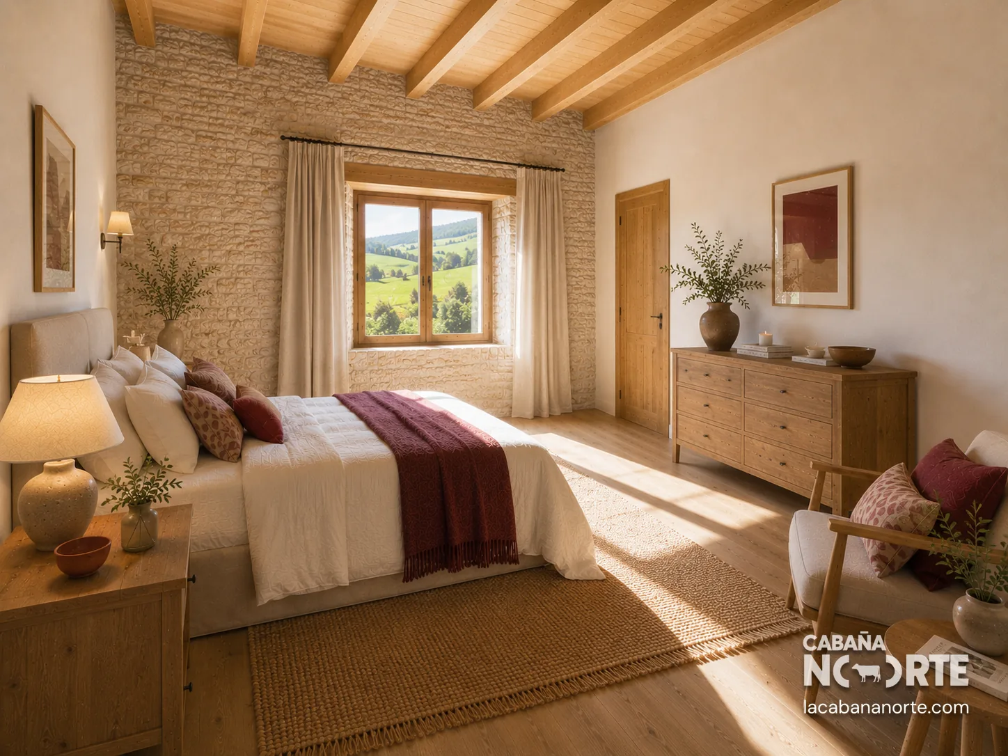 Dormitorio cálido con cama doble, pared de piedra, muebles de madera y ventana con vistas a praderas verdes.