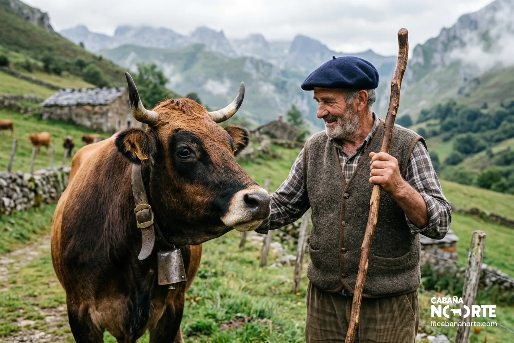 Ganadero tradicional junto a vaca pasiega en los Valles Pasiegos con paisaje montañoso