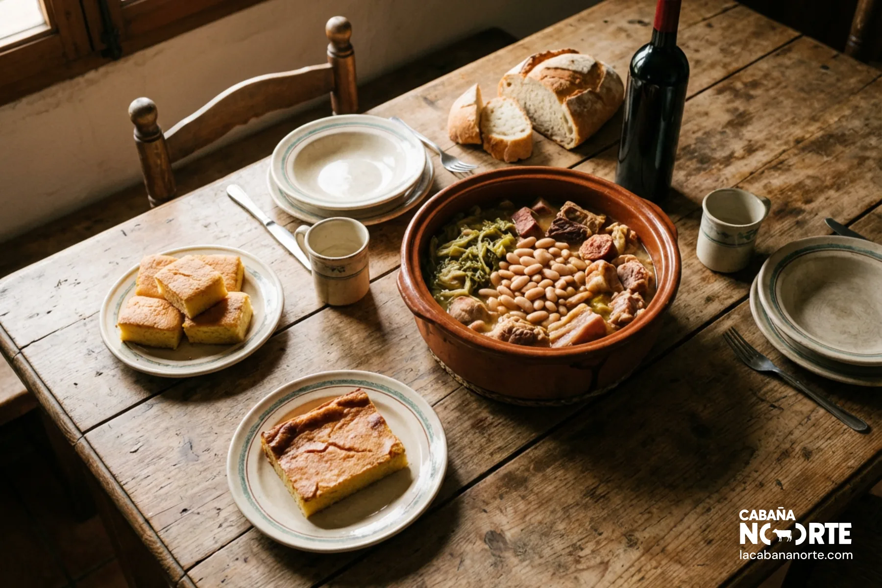 Mesa de madera rústica con cocido montañés, pan casero y sobao pasiego, listos para servir en un ambiente acogedor