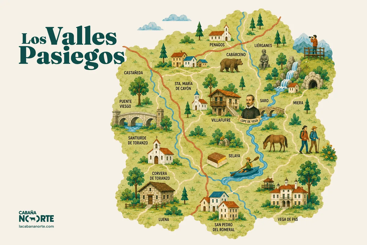 Mapa ilustrado de los Valles Pasiegos en Cantabria