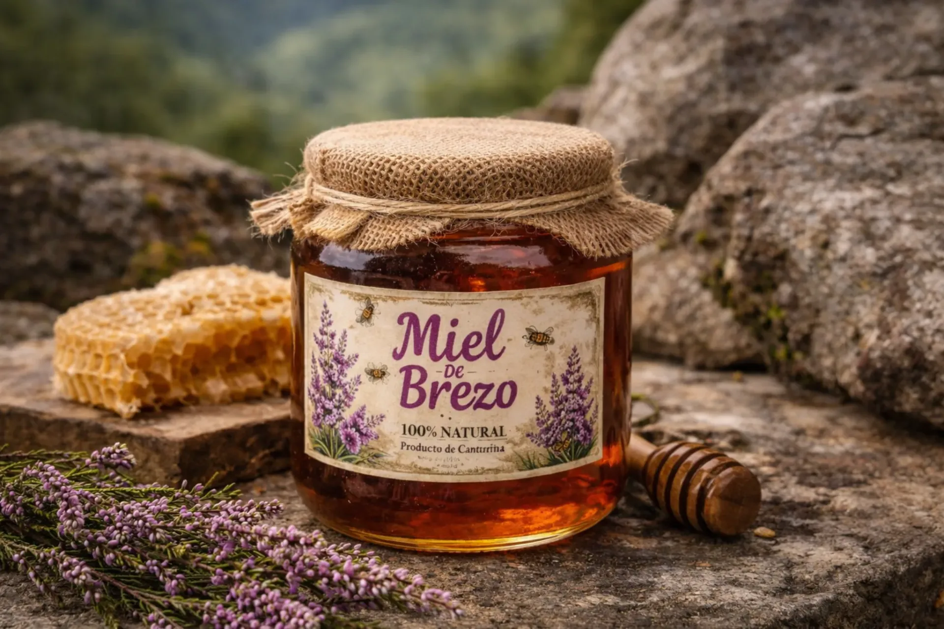 Tarro de miel de brezo pasiega artesanal con panal, producto tradicional de los Valles Pasiegos en Cantabria