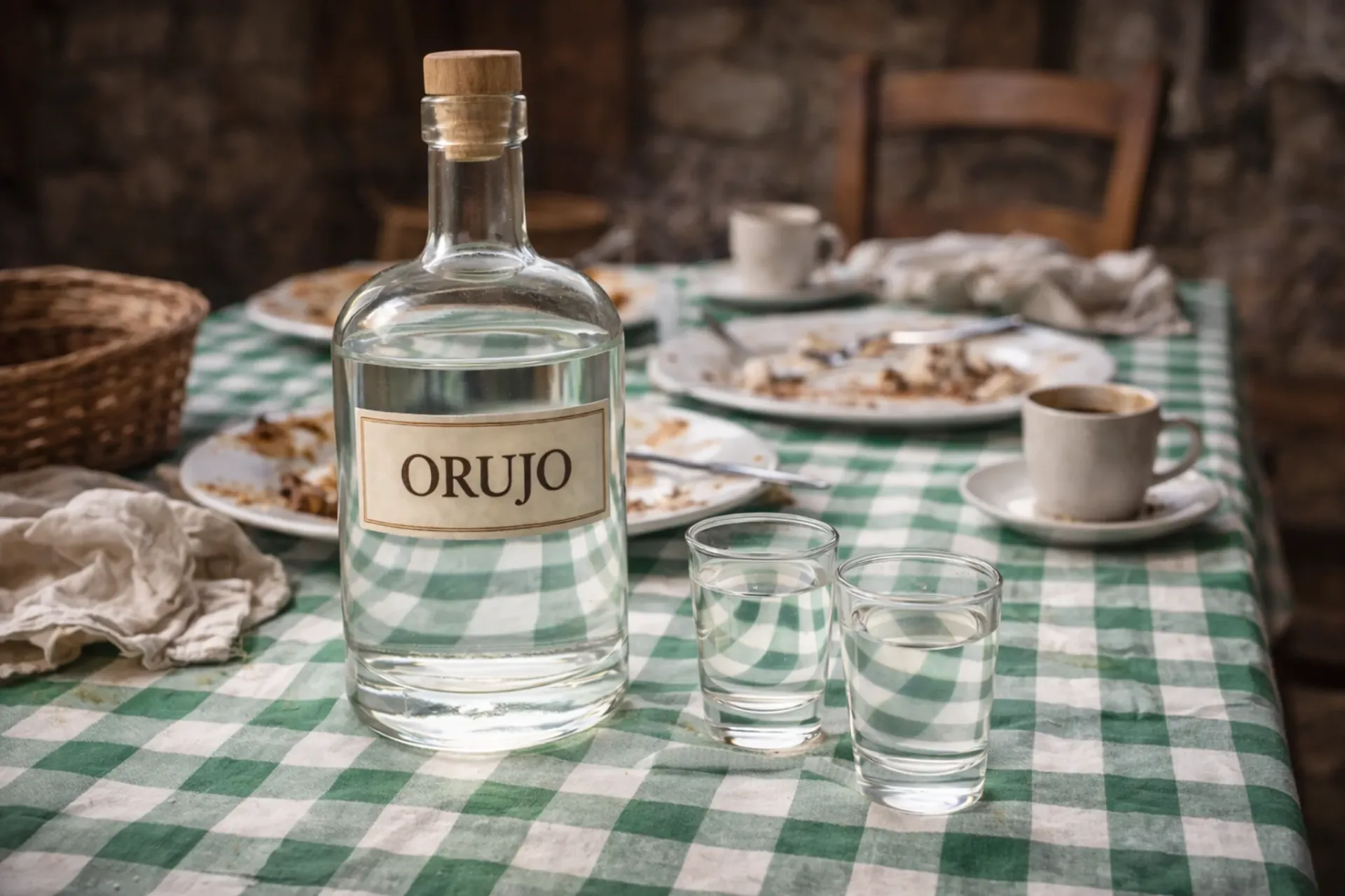 Botella de orujo pasiego tradicional sobre mesa rústica, licor típico de la gastronomía de los Valles Pasiegos en Cantabria