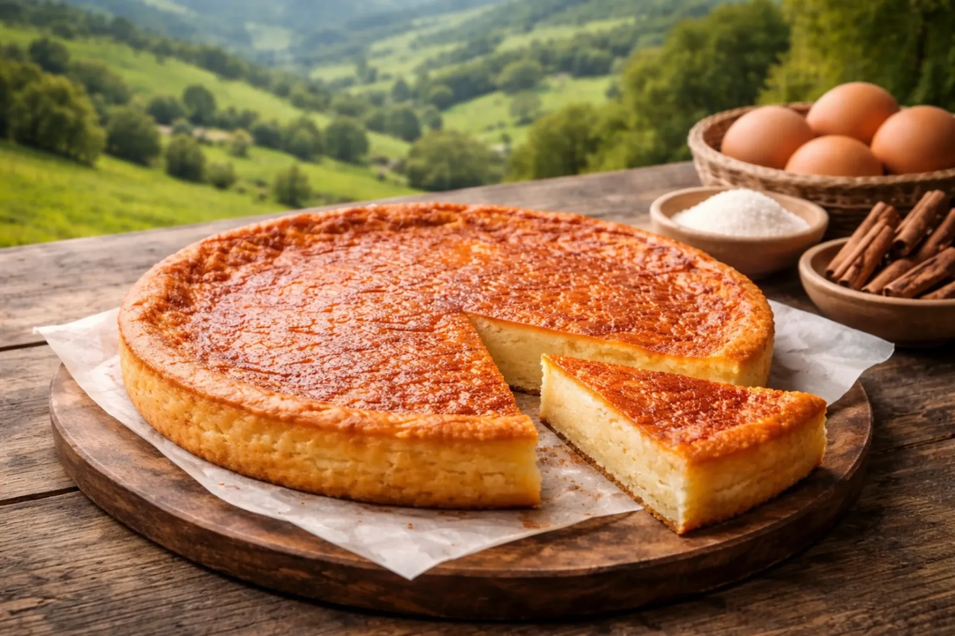 Quesada pasiega tradicional recién horneada, postre típico de los Valles Pasiegos en Cantabria