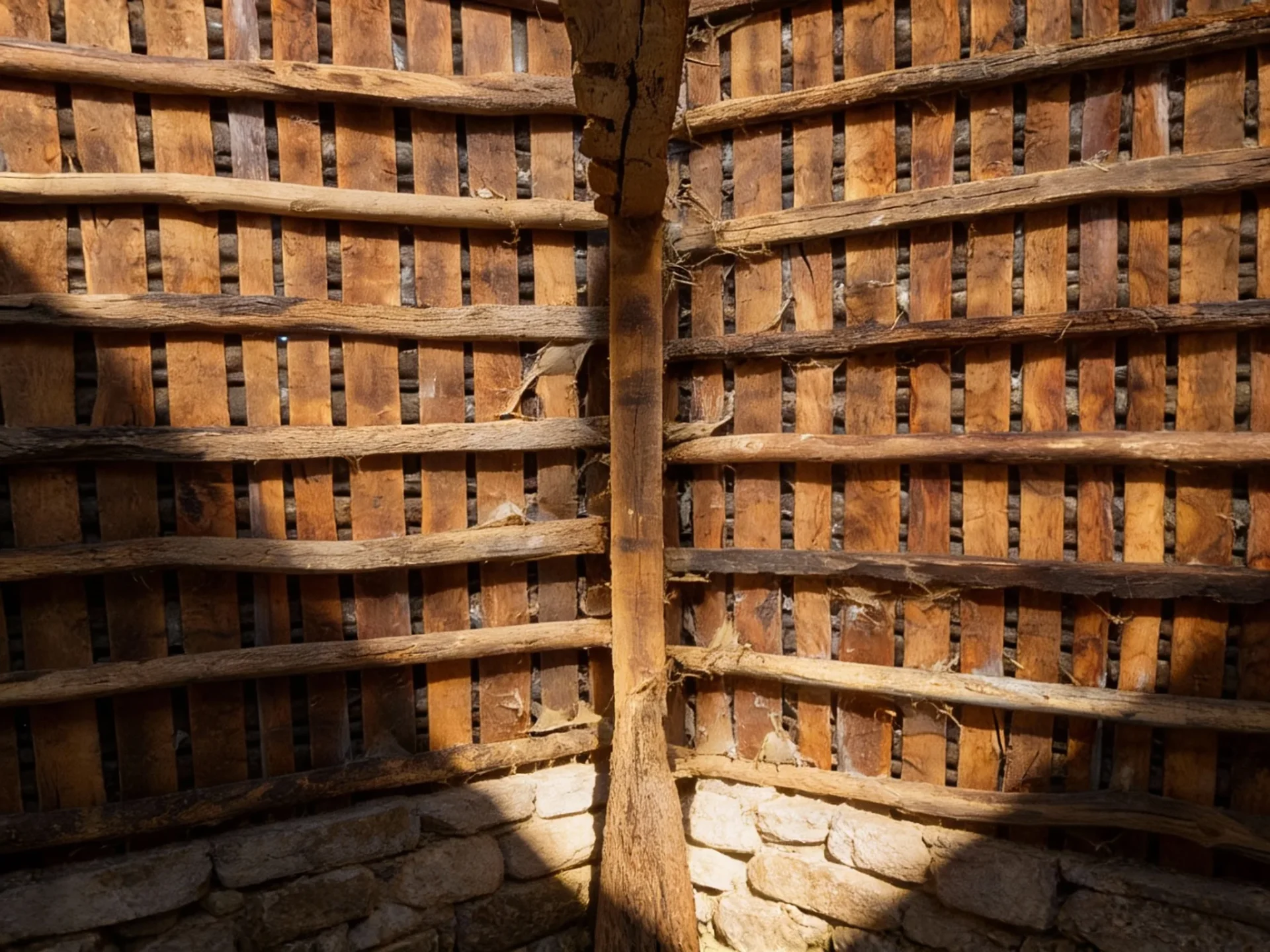 Detalle del tejado y estructura de madera original en la rehabilitación de una cabaña pasiega tradicional