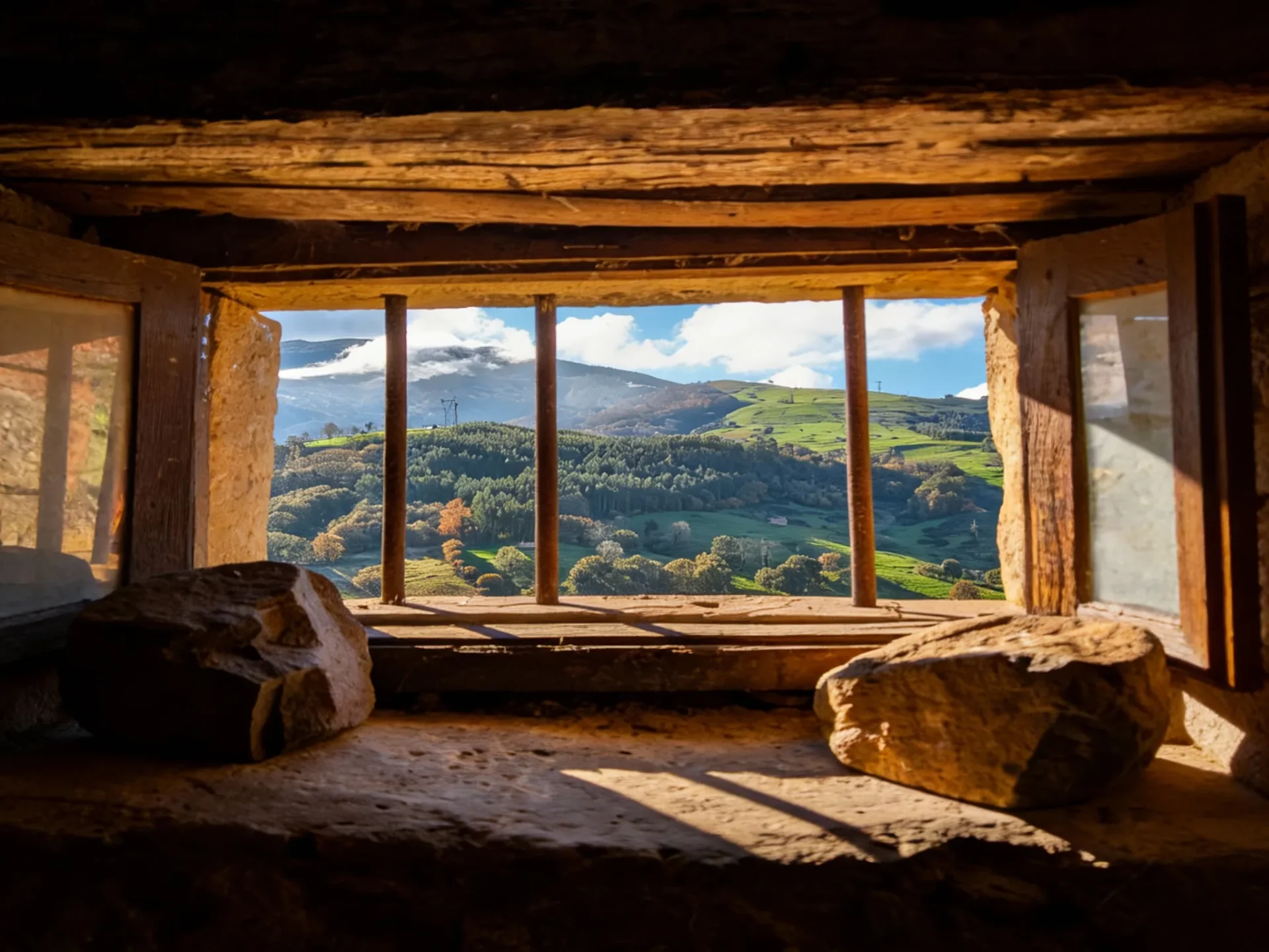 Vista del paisaje rural cántabro desde el interior de una cabaña pasiega rehabilitada, ventana tradicional de piedra