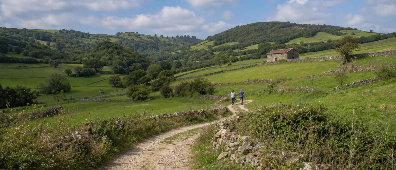 Pareja caminando por una ruta entre los valles pasiegos de Cantabria
