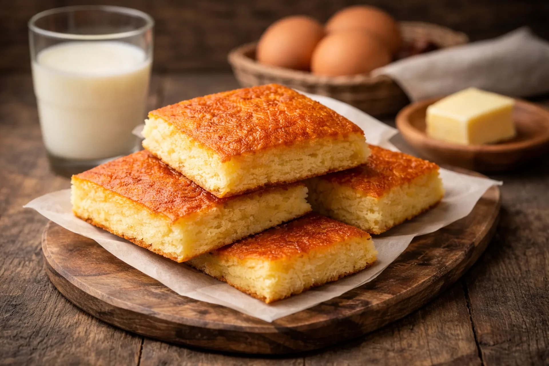Sobaos pasiegos tradicionales acompañados de leche y huevos, dulce tradicional de Cantabria
