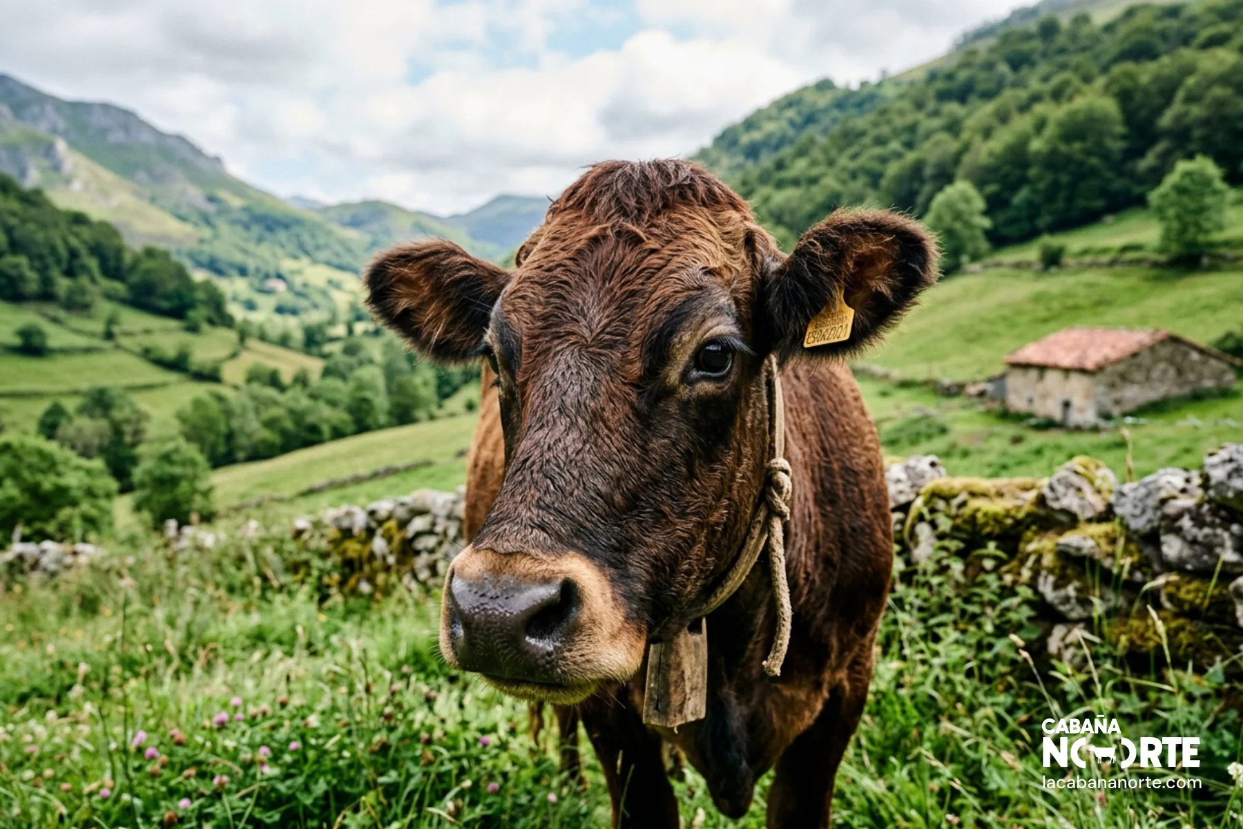 Primer plano de vaca pasiega en pradera verde con montañas al fondo en entorno rural
